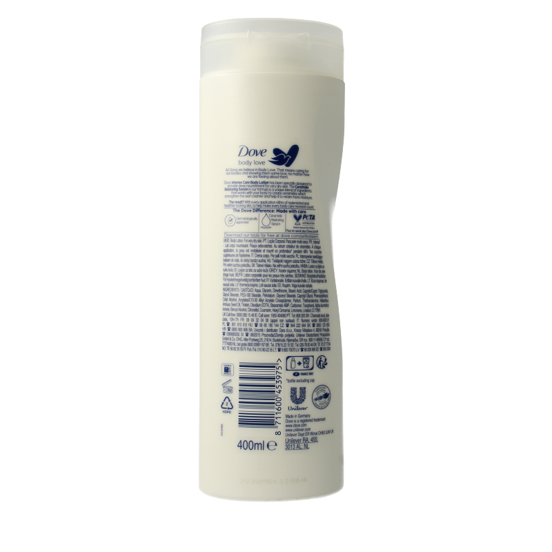 Dove body lotion bottle, 400ml, for intensive skin hydration, with a sleek design and Dove branding.