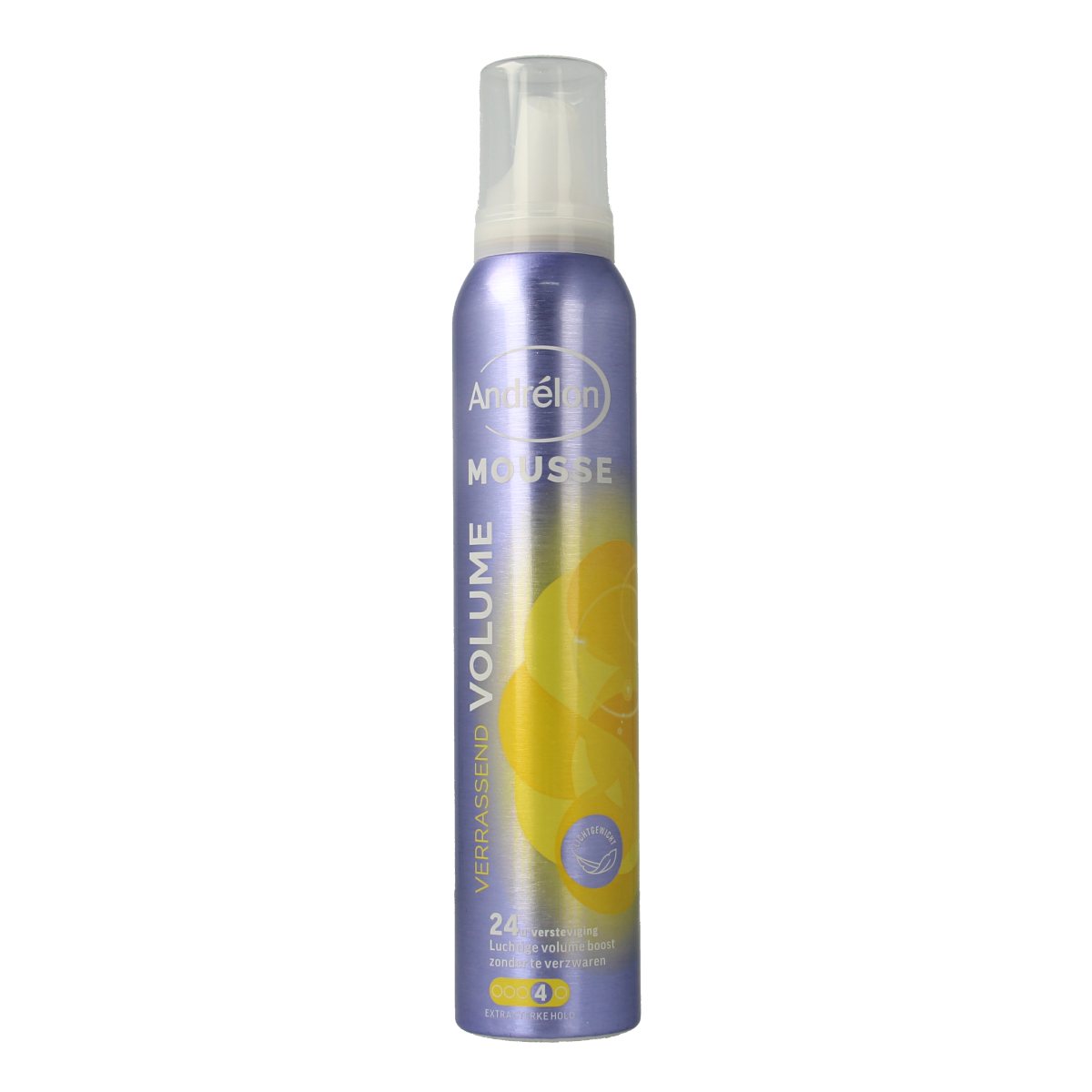 Andrelon Mousse verrassend volume hair styling product bottle, 200ml, with pump dispenser and colorful label.