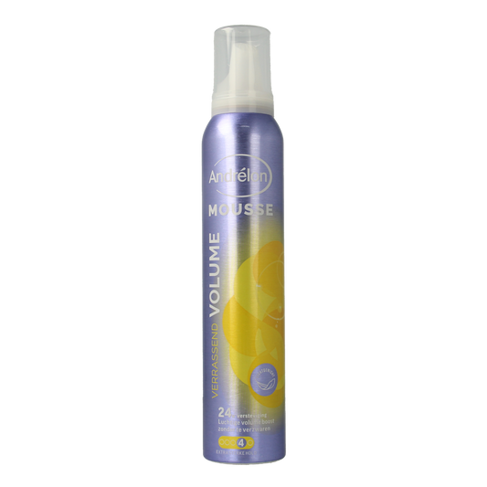 Andrelon Mousse verrassend volume hair styling product bottle, 200ml, with pump dispenser and colorful label.