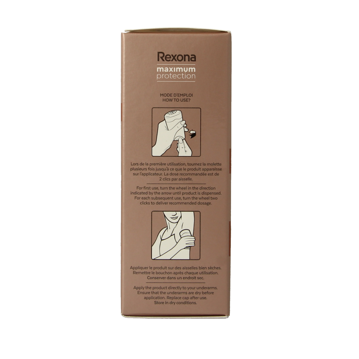 Rexona Women Max Protex Sensitive deodorant stick, 45ml, in a white and blue container with a twist-up design.