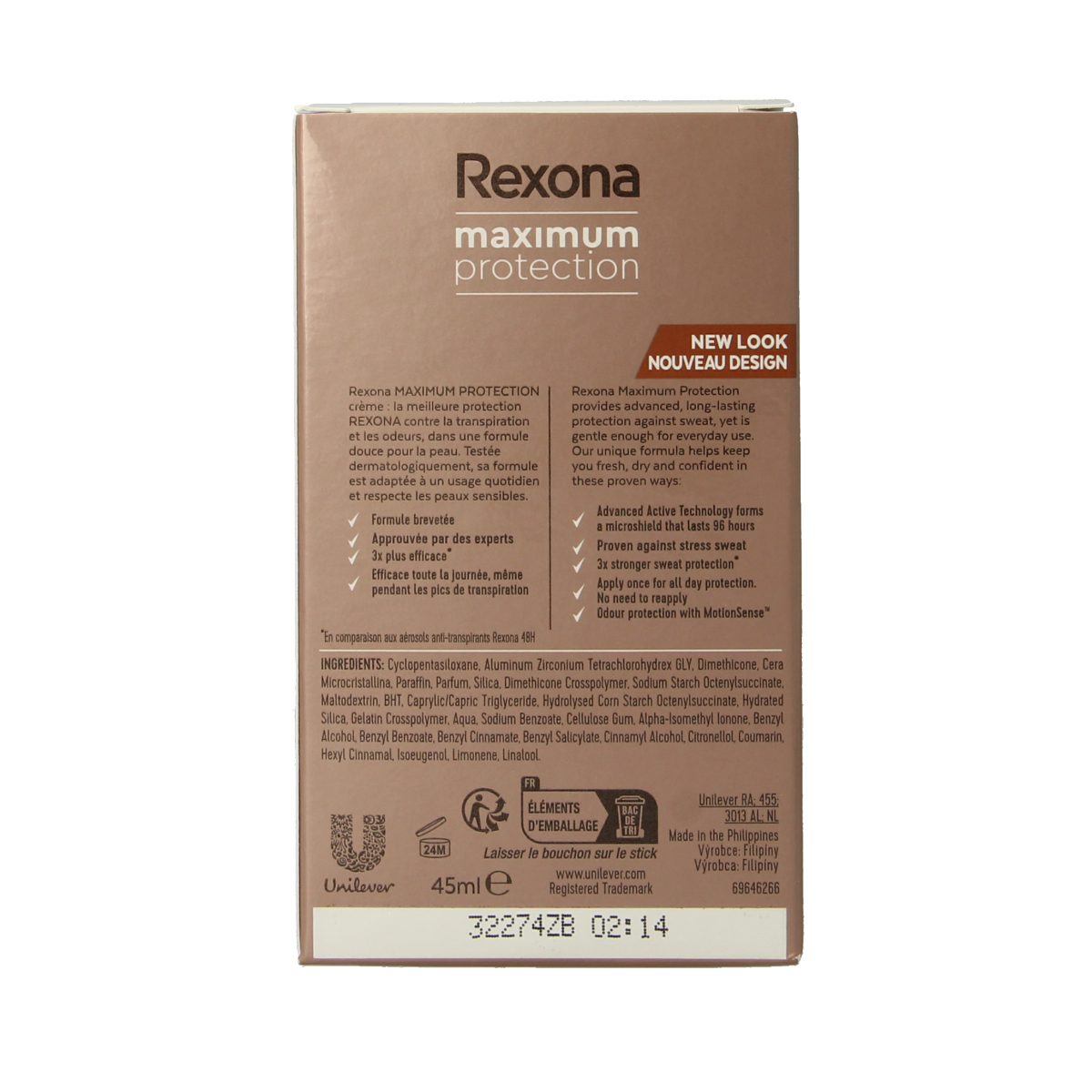 Rexona Women MaxProtex Sensitive deodorant stick, 45ml, in a white and blue container, designed for sensitive skin.