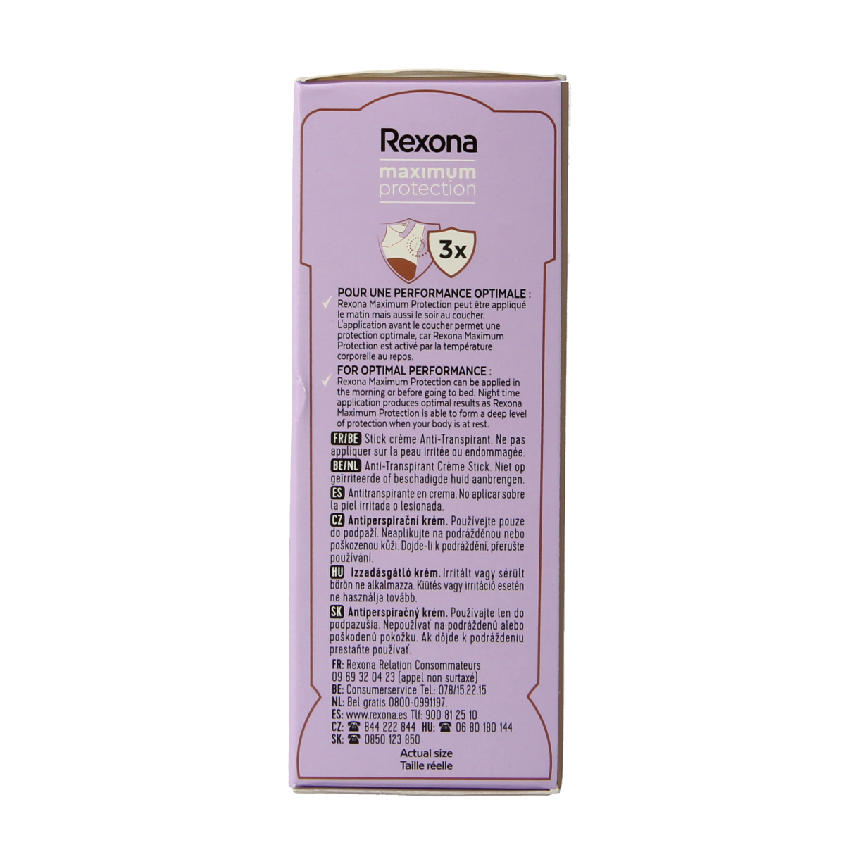 Rexona women’s max protection sensitive deodorant stick, 45ml, in a white and blue container with a twist-up design.