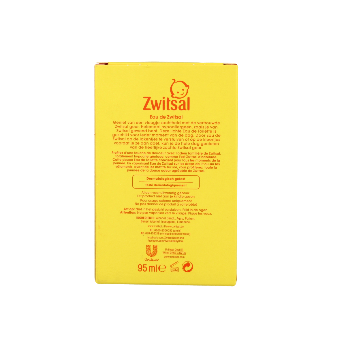 Zwitsal Eau de Zwitsal perfume bottle with 95ml capacity, featuring a light-colored label and elegant design.