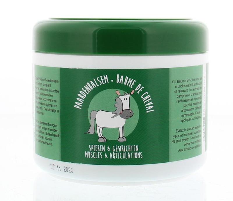 Evi Line Paardenbalsem 500ml body care product with a white and green tube, designed for soothing skin treatment.