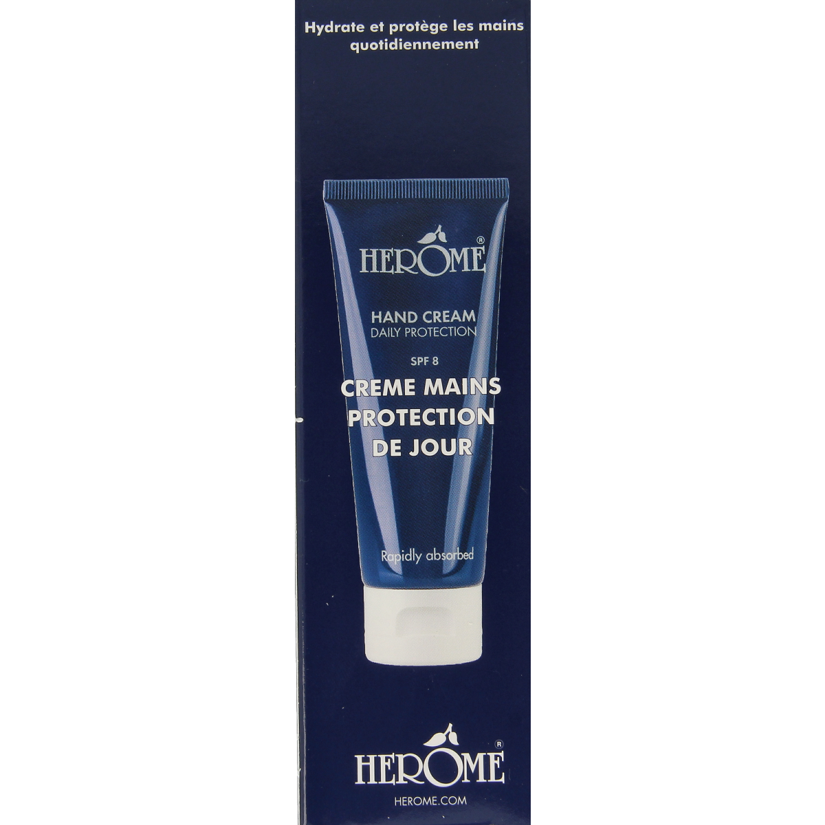 Herome Handcreme in 75ml tube, moisturizing hand care product with a white and blue label, designed for soft, nourished hands.