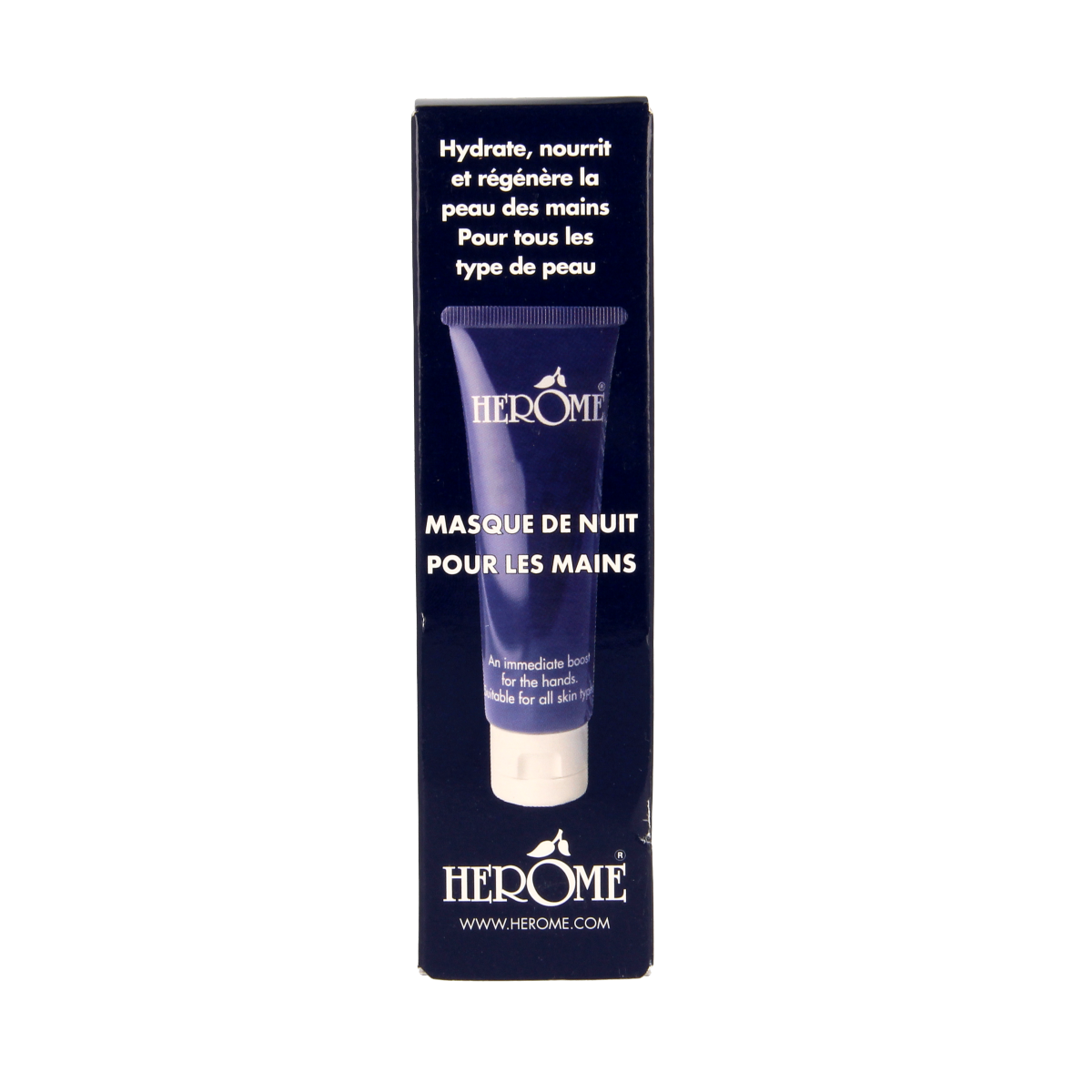 Herome Handverzorging Handmask in 40ml tube, showing creamy texture and product packaging for intensive hand treatment.