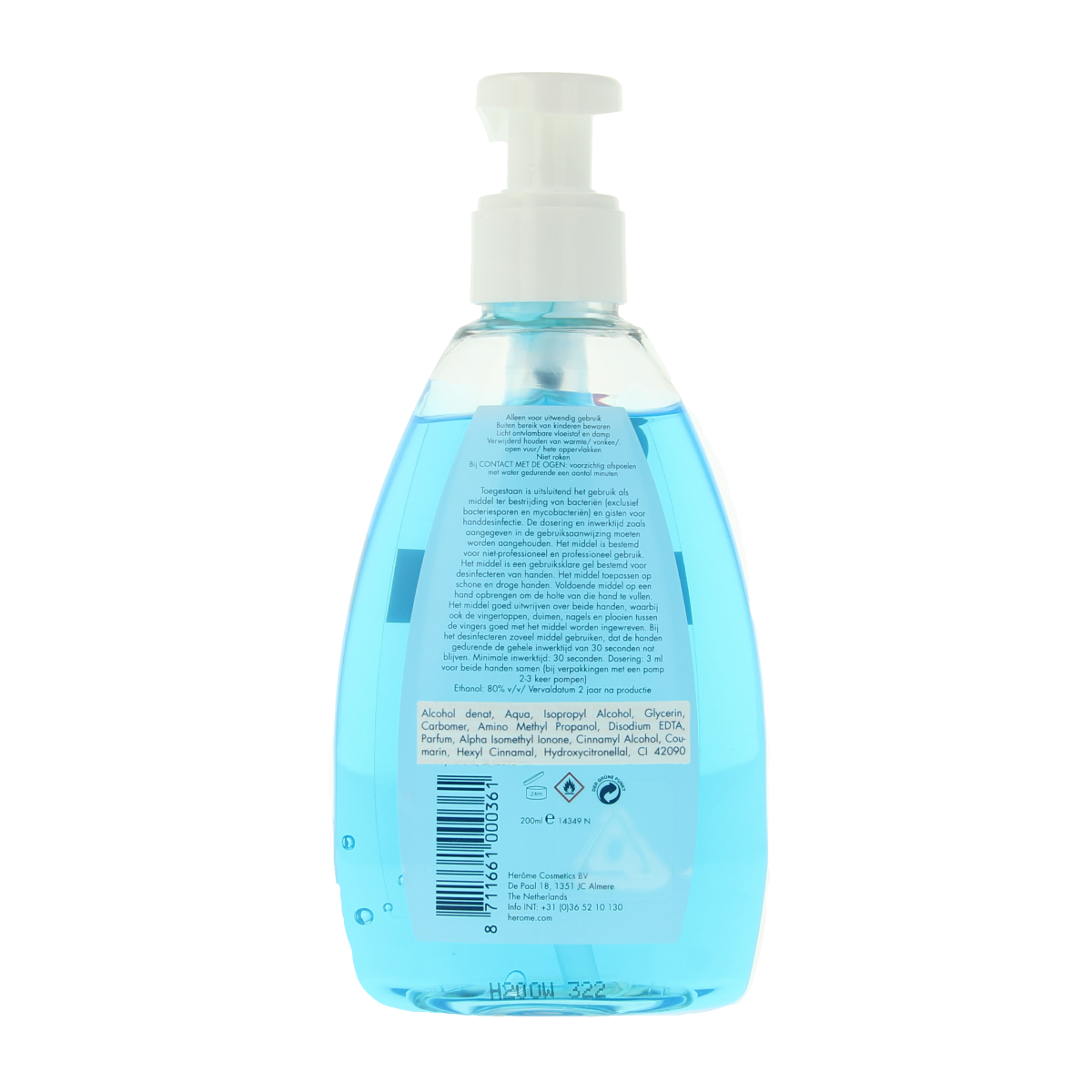 Herome Direct disinfectant hand care bottle with 200ml capacity, featuring a clean, hygienic design and natural branding.