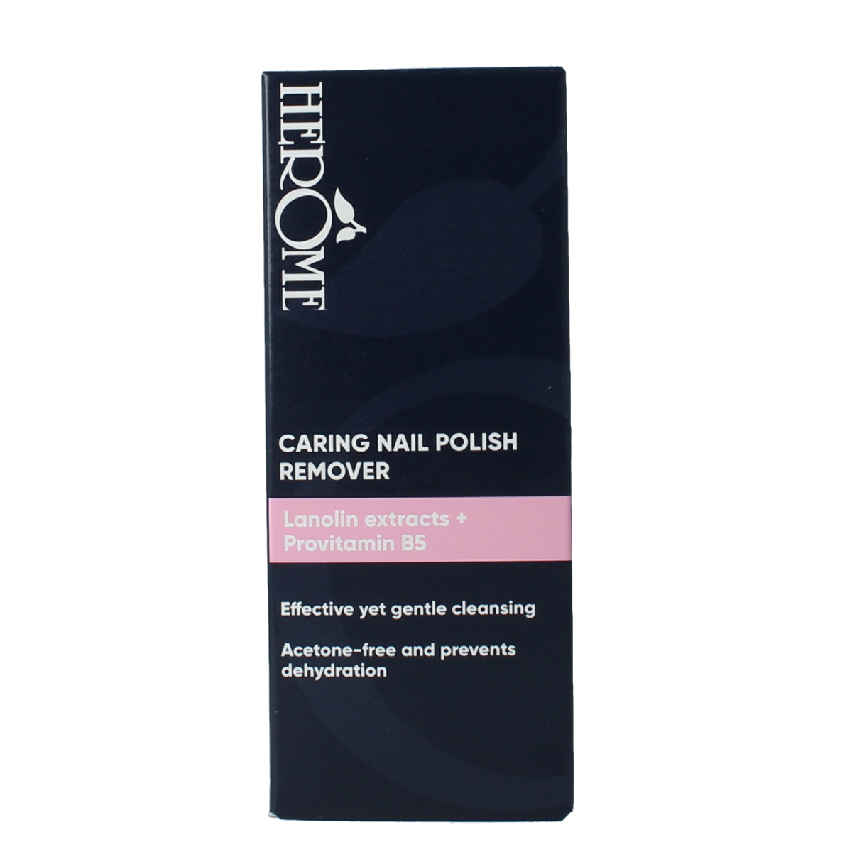 Herome Caring nail polish remover in a 120ml bottle, hand care product with a clear liquid and labeled cap.