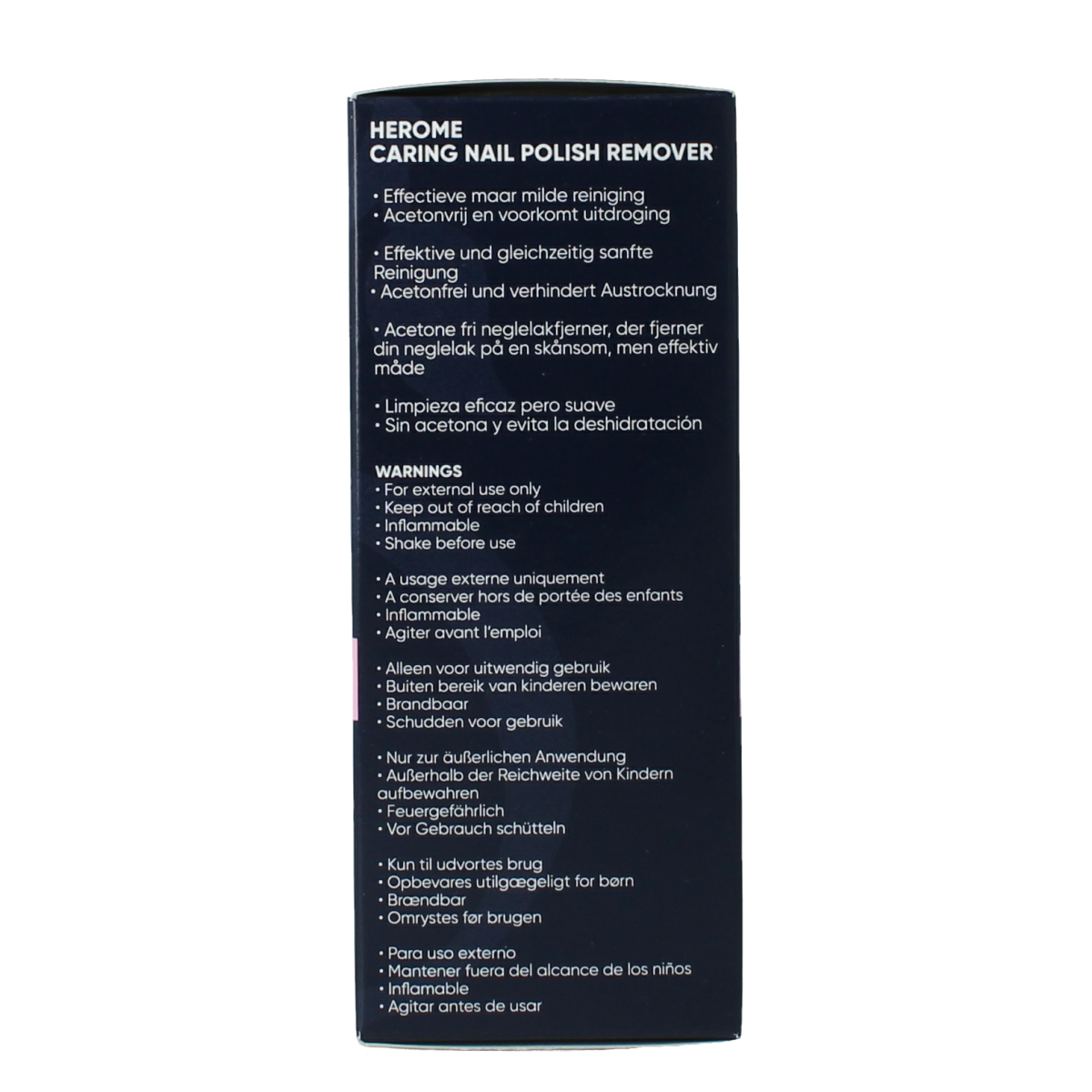 Herome Caring nail polish remover in a 120ml bottle, ideal for gentle hand and nail care.