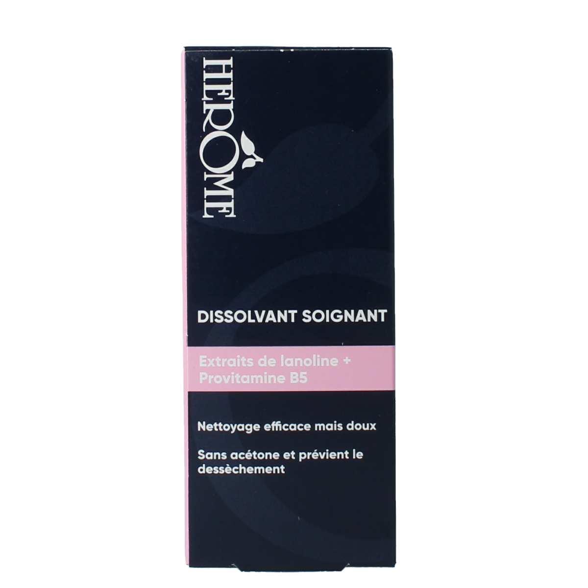 Herome Caring nail polish remover in 120ml bottle, hand care product with purple cap and clear liquid for gentle nail cleaning.