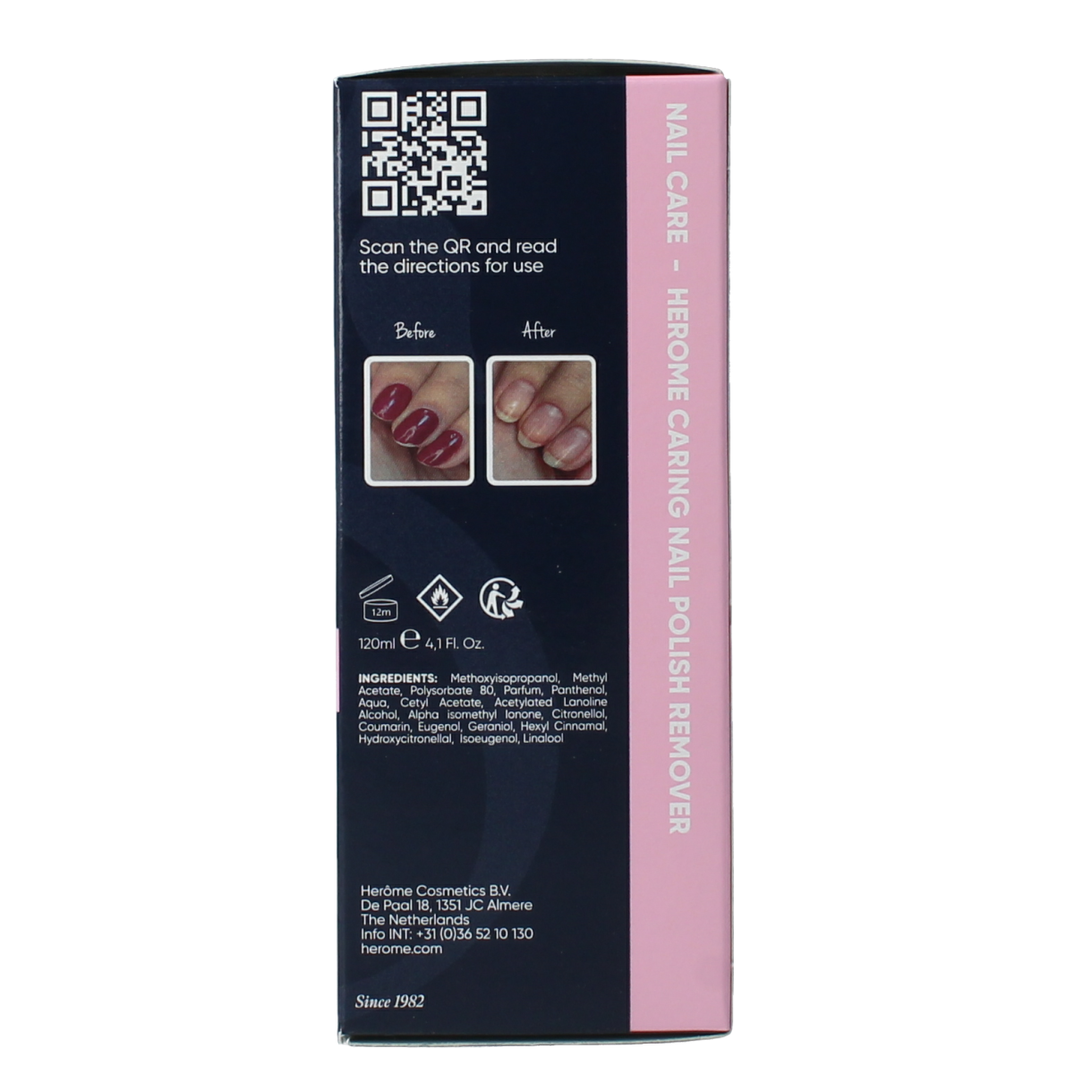 Herome Caring Nail Polish Remover 120ml bottle, hand care product with a clear liquid, designed for gentle nail polish removal.