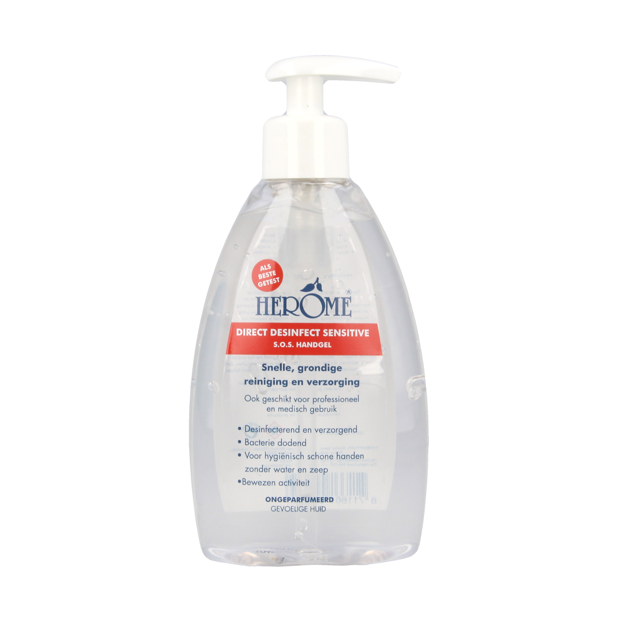 Herome Direct desinfect ongeparfumeerd sensitive handverzorging in 200ml bottle, suitable for sensitive skin.