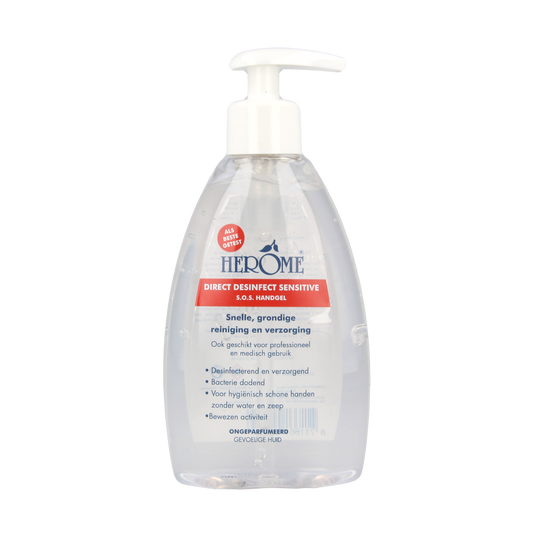 Herome Direct desinfect ongeparfumeerd sensitive handverzorging in 200ml bottle, suitable for sensitive skin.