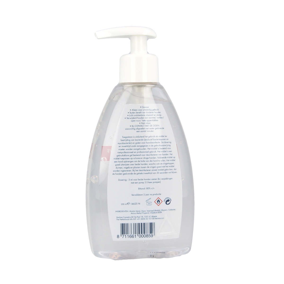 Herome direct desinfect ongeparfumeerd sensitive handverzorging bottle, 200ml, for gentle skin care and disinfecting.