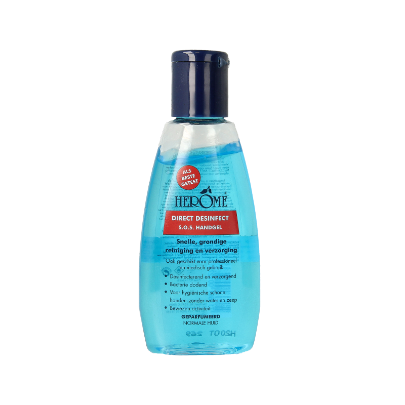 Herome Direct disinfectant hand sanitizer bottle in 75ml, hand care product with clear label and cap, for hygienic hand sanitation.