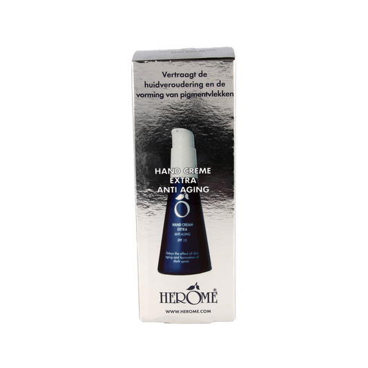 Herome handcreme extra anti-age, 120ml, nourishing hand moisturizer with anti-aging benefits, in a white tube.