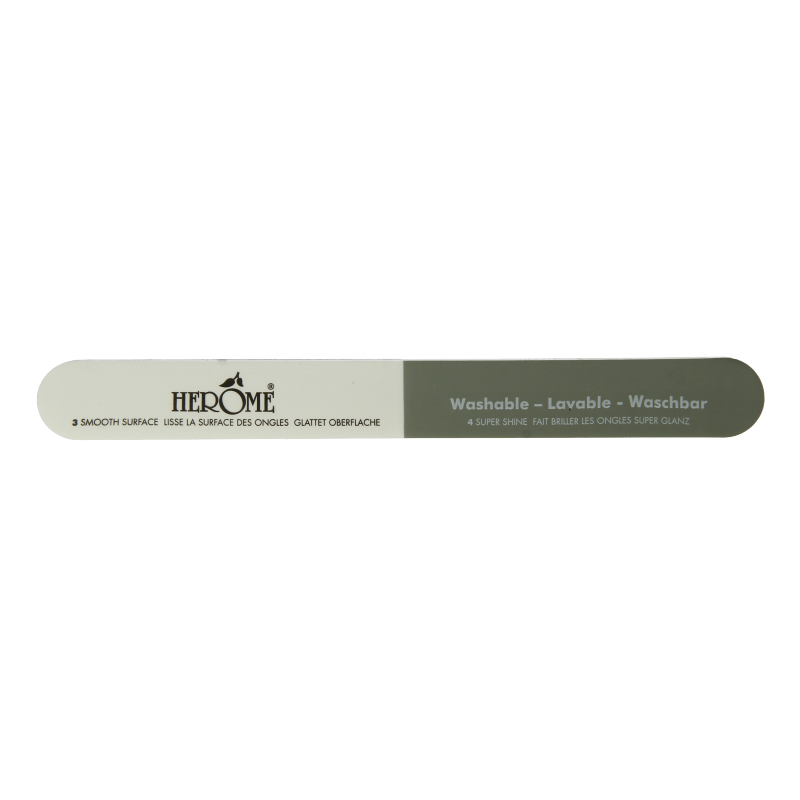 Herome 4-stappen glansvijl for manicure and pedicure, silver metal instrument with textured surfaces for nail polishing.