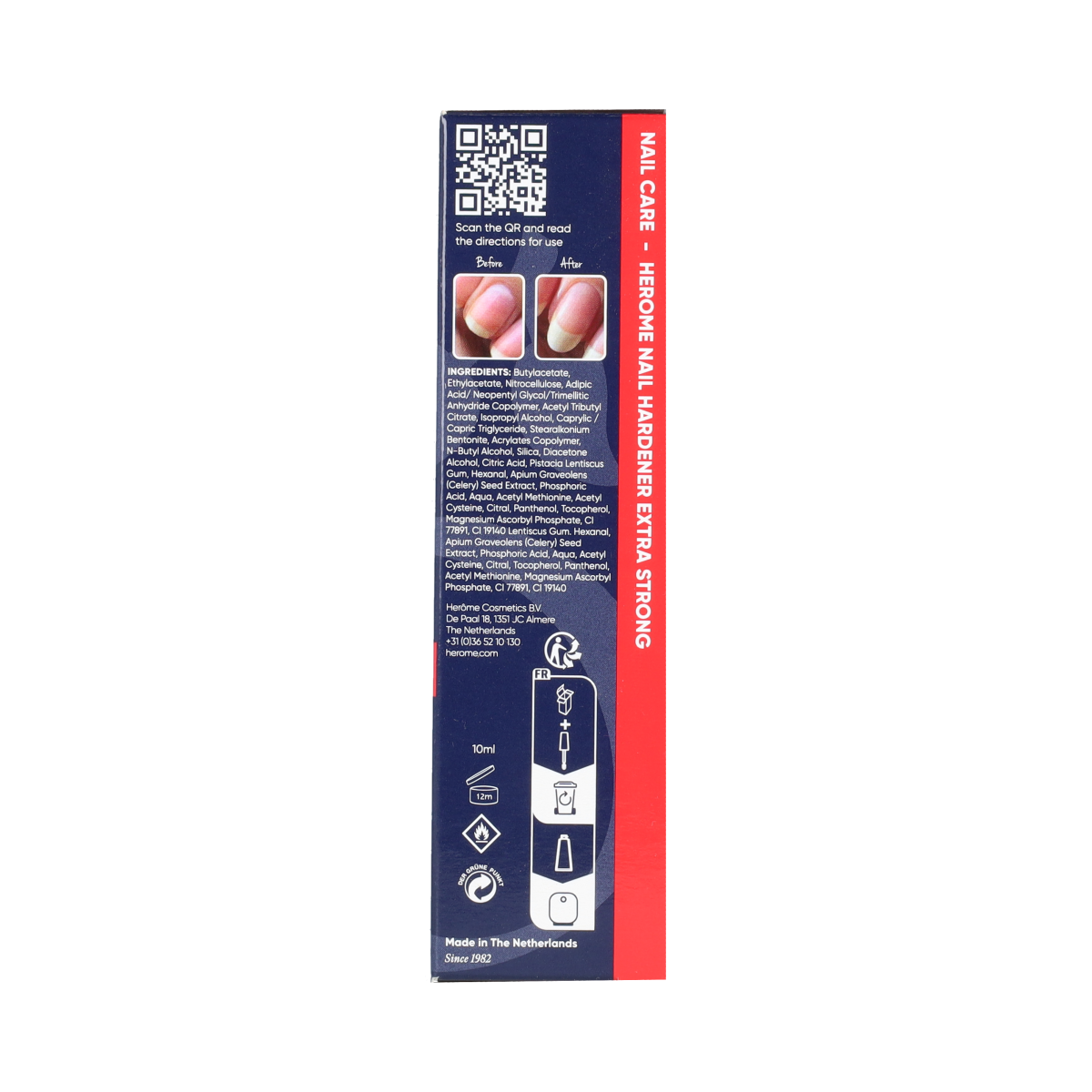 Herome Nagelverharder extra sterk in 10ml bottle, a hand care product for strengthening nails, with a clear liquid appearance.