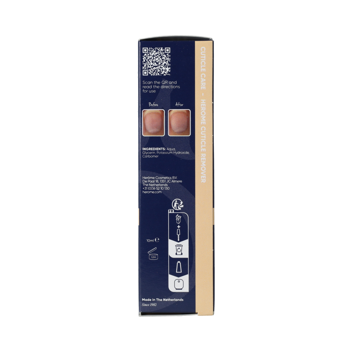 Herome cuticle remover in 10ml bottle, hand skincare product for softening and removing cuticles, shown in the image.
