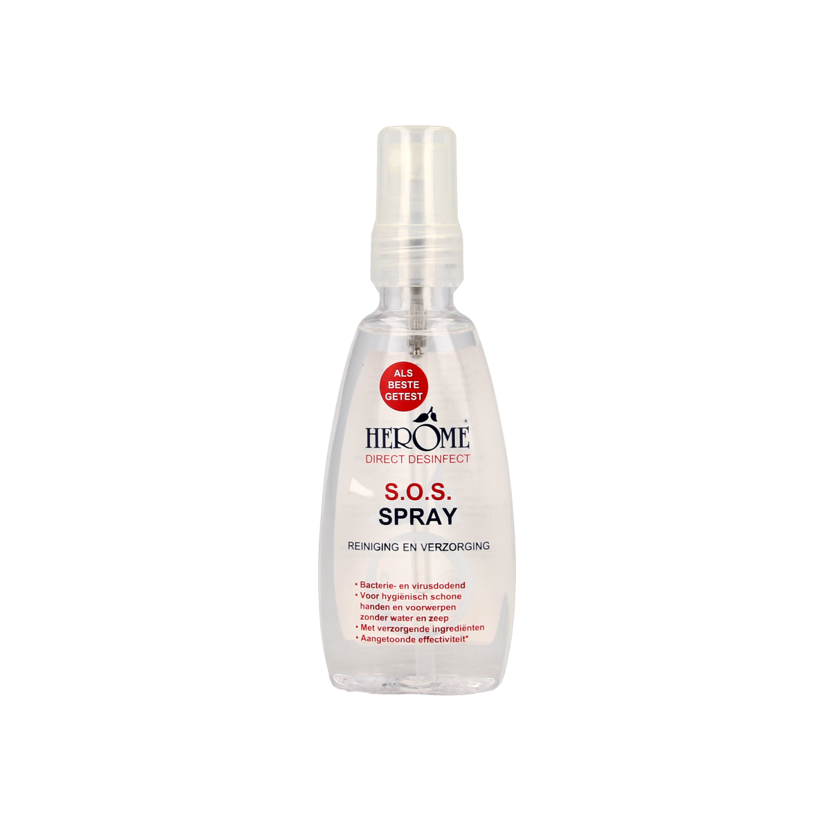 Herome Direct disinfectant spray bottle with 75ml capacity, featuring a white spray nozzle and clear label.