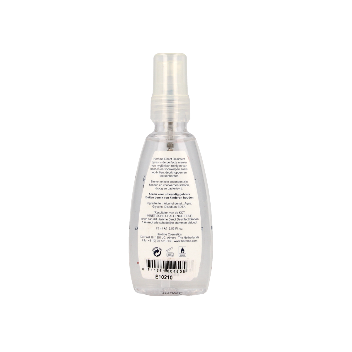 Herome Direct disinfectant spray 75ml bottle, antimicrobial disinfectie product for sanitizing hands and surfaces.