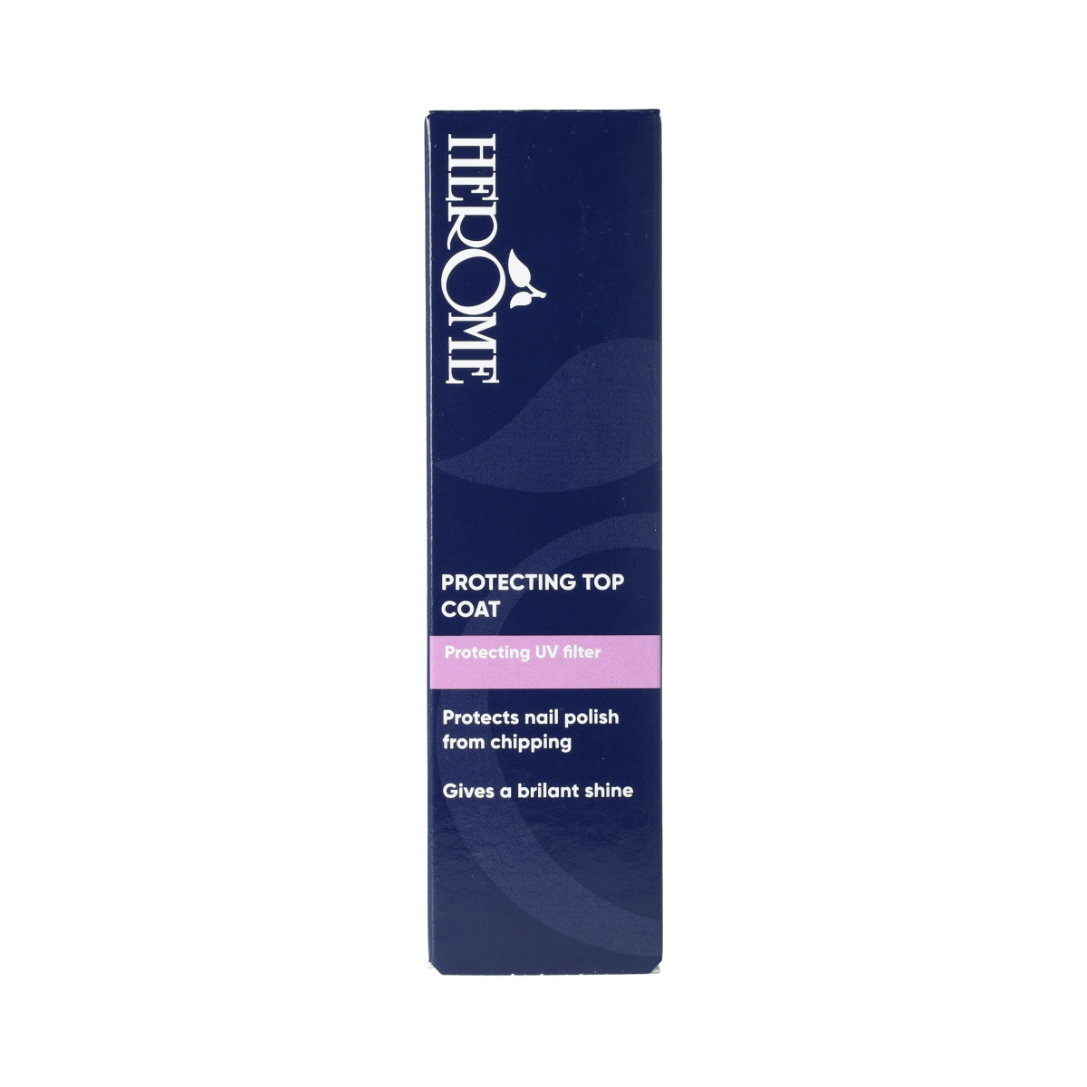 Herome Topcoat 10ml clear nail polish bottle, smooth finish, in a transparent container for professional nail care.