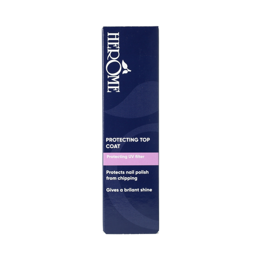 Herome Topcoat 10ml clear nail polish bottle, smooth finish, in a transparent container for professional nail care.