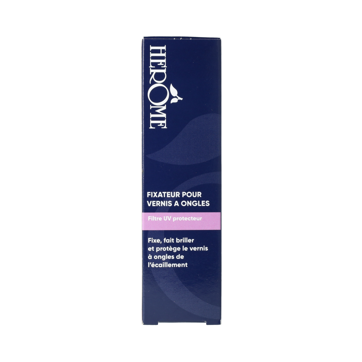 Herome Topcoat nail polish bottle, 10ml, with clear label showing brand and product name, on a neutral background.