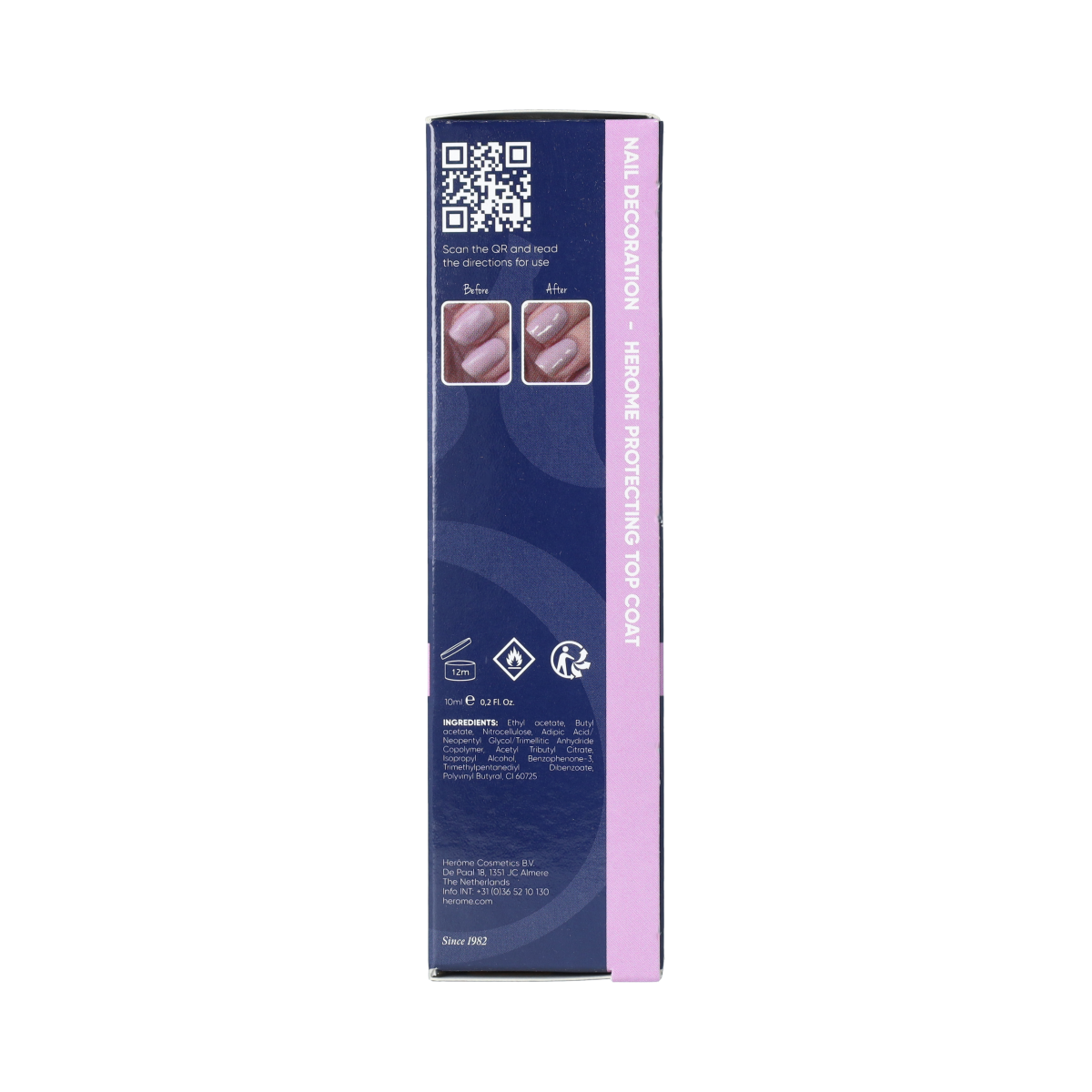 Herome Topcoat 10ml clear nail polish bottle for a shiny, protective finish in a sleek rectangular container.