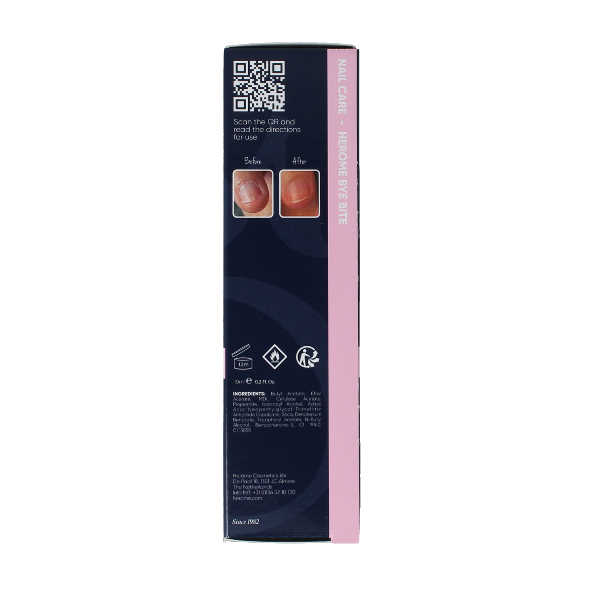Herome Bye Bite hand moisturizer in a 10ml tube, part of Herome's hand care collection, with a sleek design and branding.