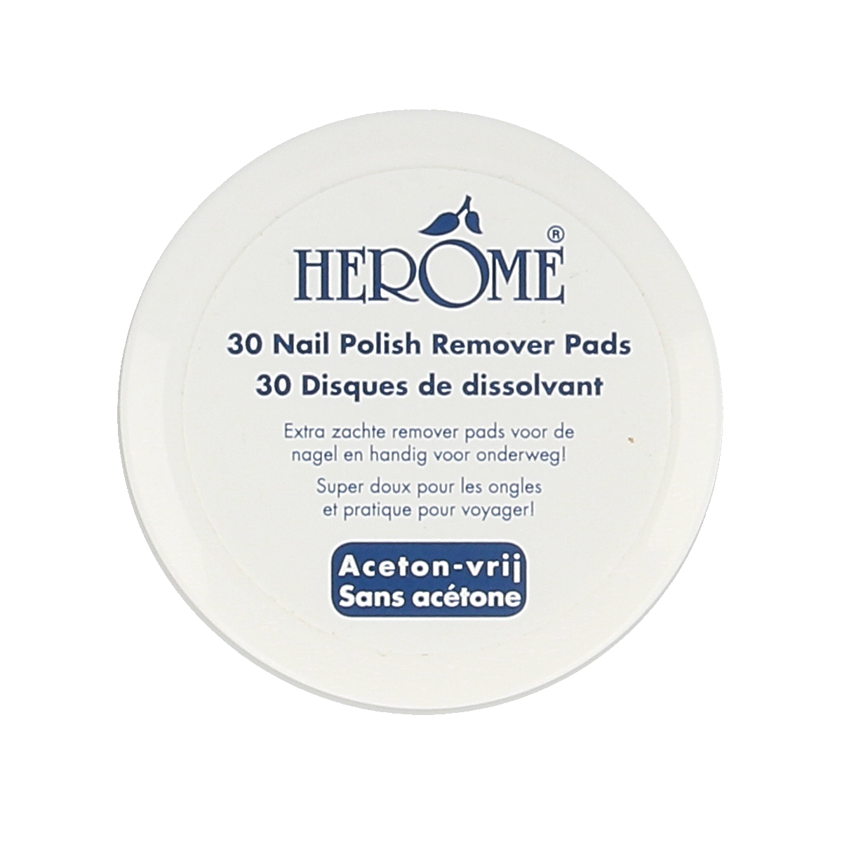 Herome Nagel caring remover pad for hand and nail care, shown in a close-up image of the pack containing 30 pads.