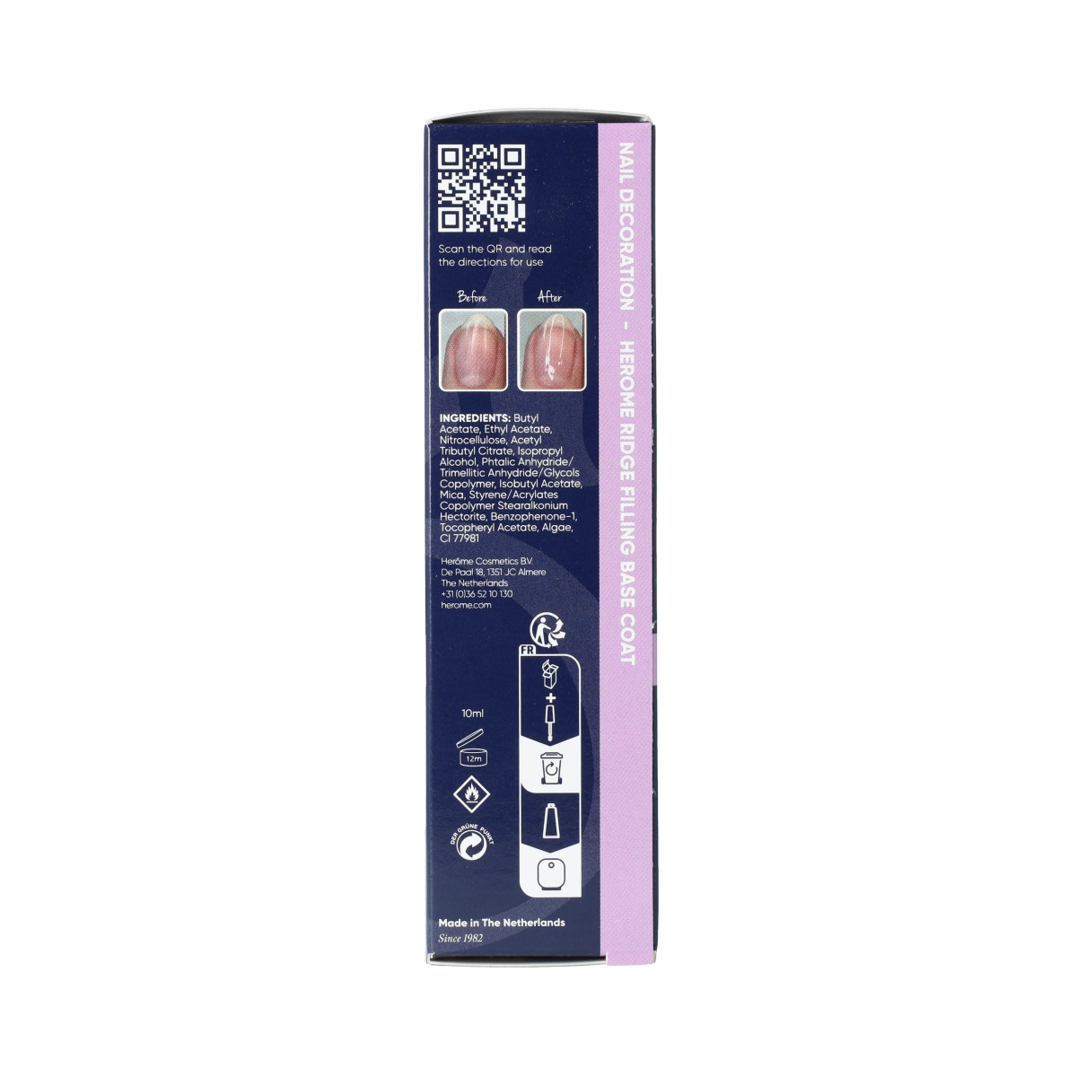 Herome Ridge Filling Base Coat, 10ml, hand care product with a smooth application and natural finish for nail ridge filling.