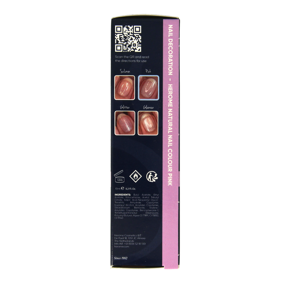 Herome Natural Nail Colour Pink, 10ml bottle showing pink nail polish inside with a clear cap on a white background.