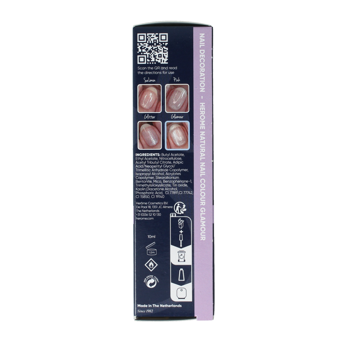 Herome Natural Nail Colour Glamour 10ml bottle showing vibrant nail polish in clear glass with black cap