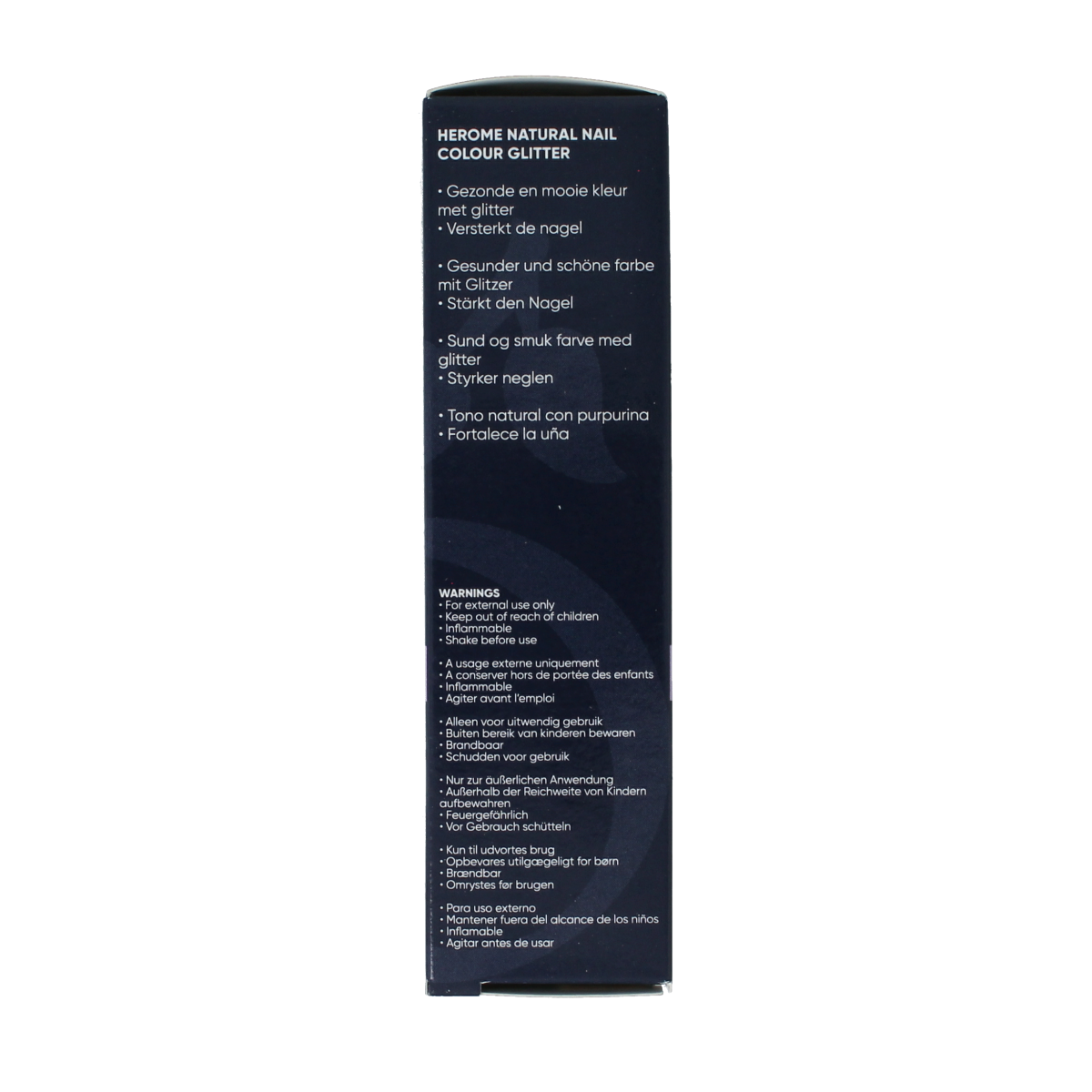 Herome Natural Nail Colour Glitter in 10ml bottle showing shimmering nail polish with glitter particles.