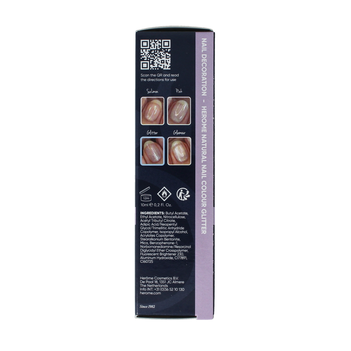 Herome Natural Nail Colour Glitter in 10ml bottle, showcasing shimmering multicolor glitter nail polish for professional makeup looks.