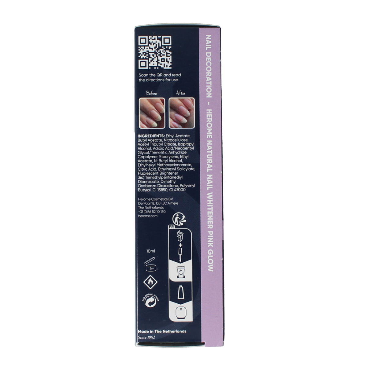 Herome Natural Nail Whitener Pink Glow, 10ml, make-up product for brightening and enhancing natural nails with a pink glow finish.