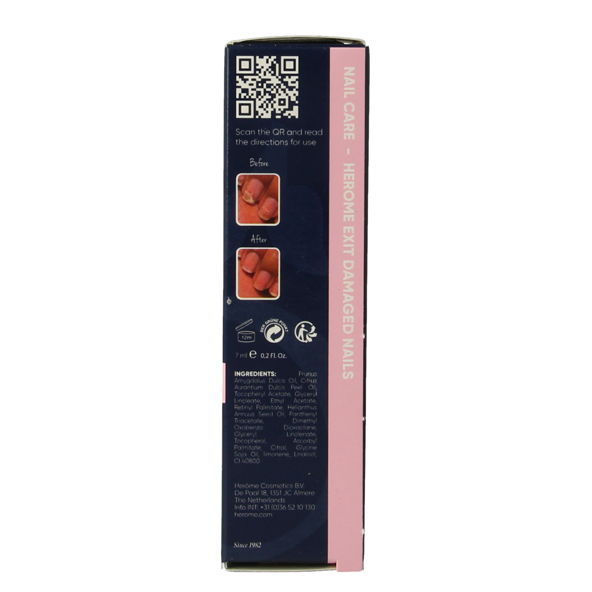 Herome Exit damaged nails hand care cream in a 7ml tube, designed to repair and strengthen brittle, damaged nails.
