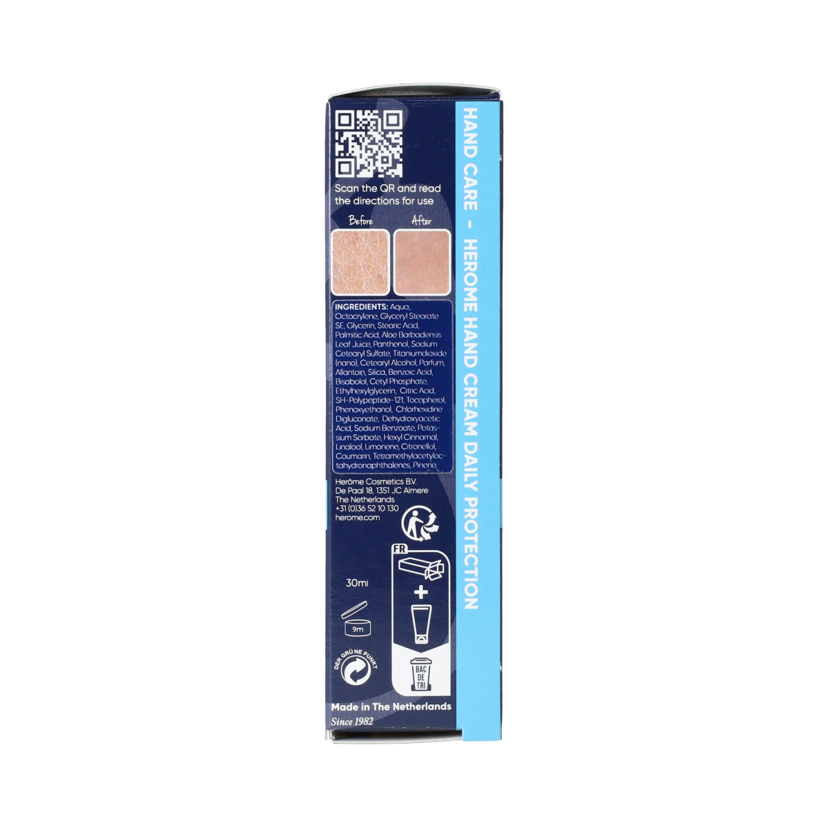Herome Handcreme mini SPF8 in 30ml tube, moisturizing hand care with sun protection, featuring a white and blue packaging design.