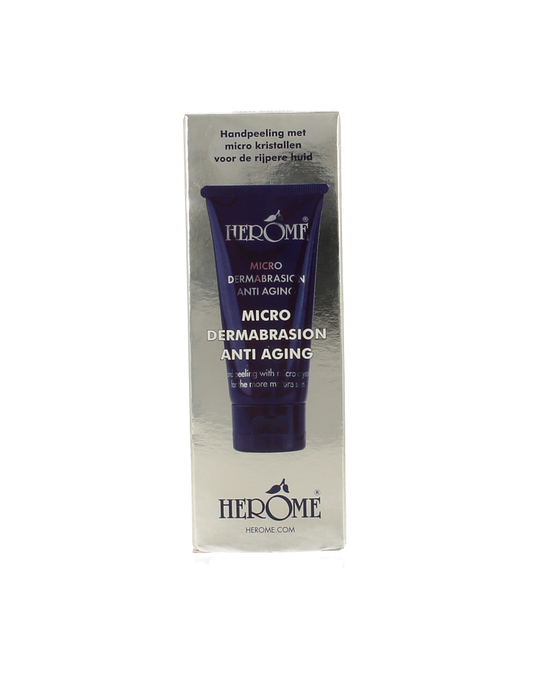 Herome Micro Dermabrasion anti-aging hand cream in a 55ml tube, designed to exfoliate and rejuvenate dry, aging skin.