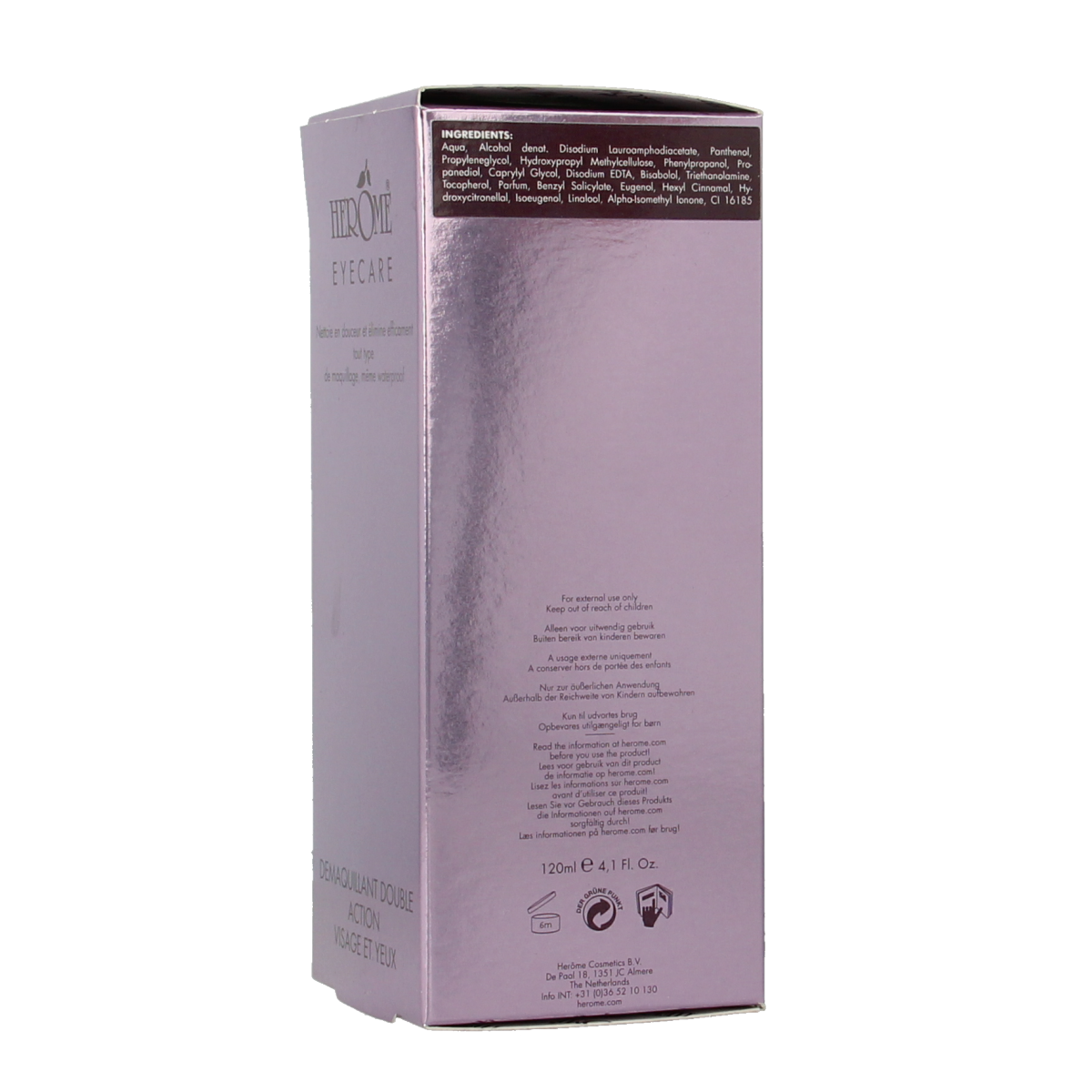 Herome eye makeup gentle remover in 120ml bottle, facial skincare product for sensitive eye area, clear liquid in a transparent bottle.