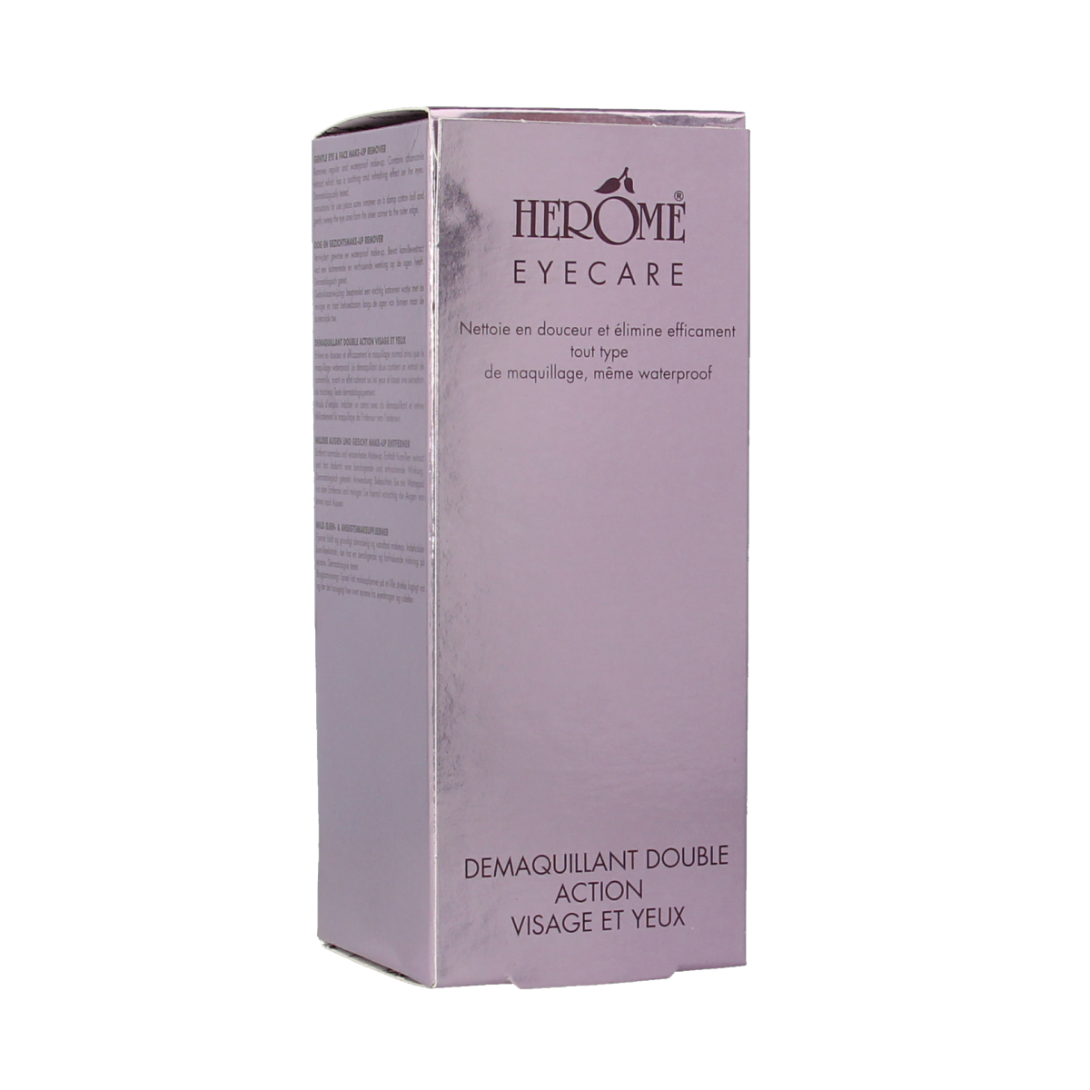 Herome gentle eye make-up remover in 120ml bottle, suitable for facial skincare, with clear liquid and applicator.