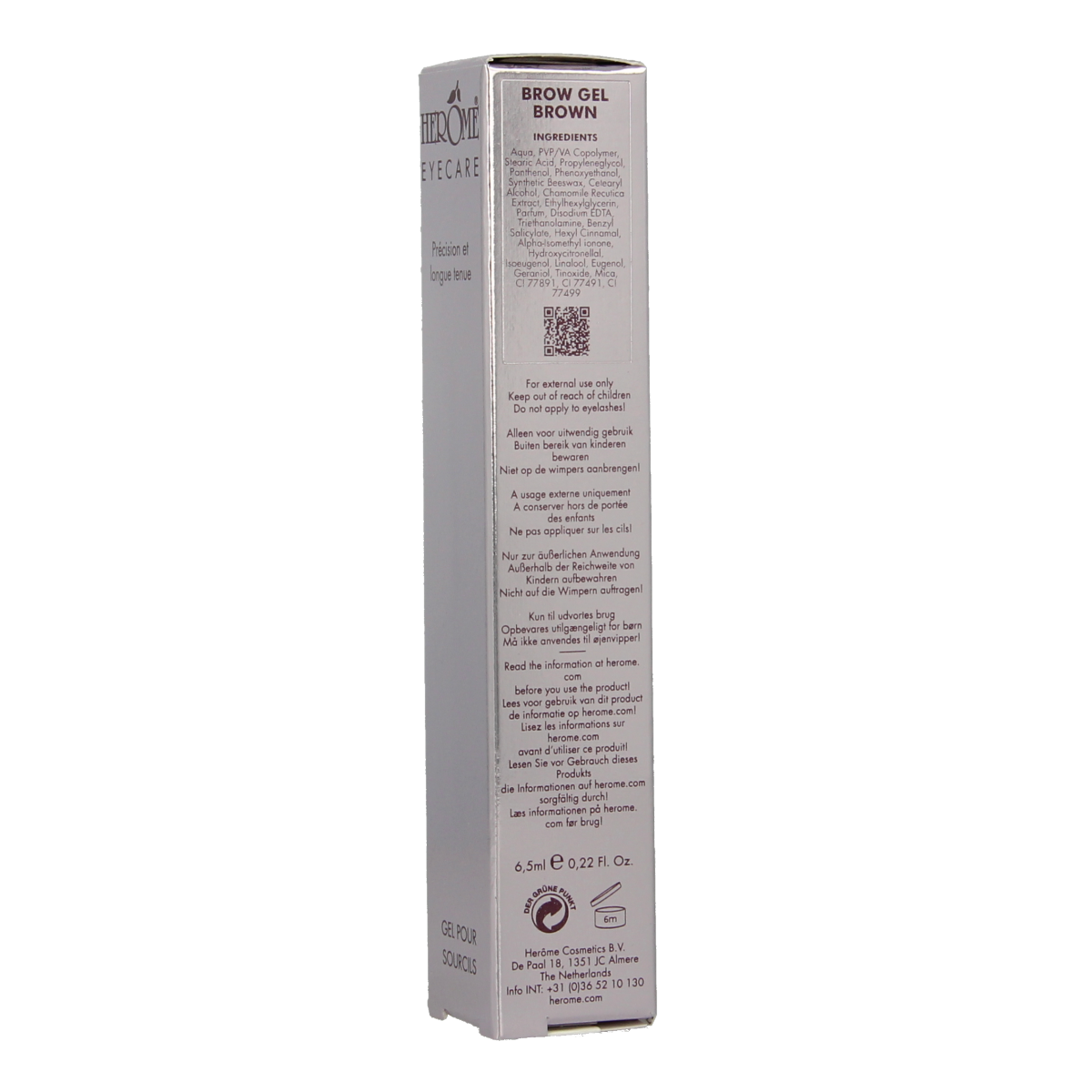 Herome brown brow gel in 6.5ml, facial care product with a brush applicator for shaping and defining eyebrows.