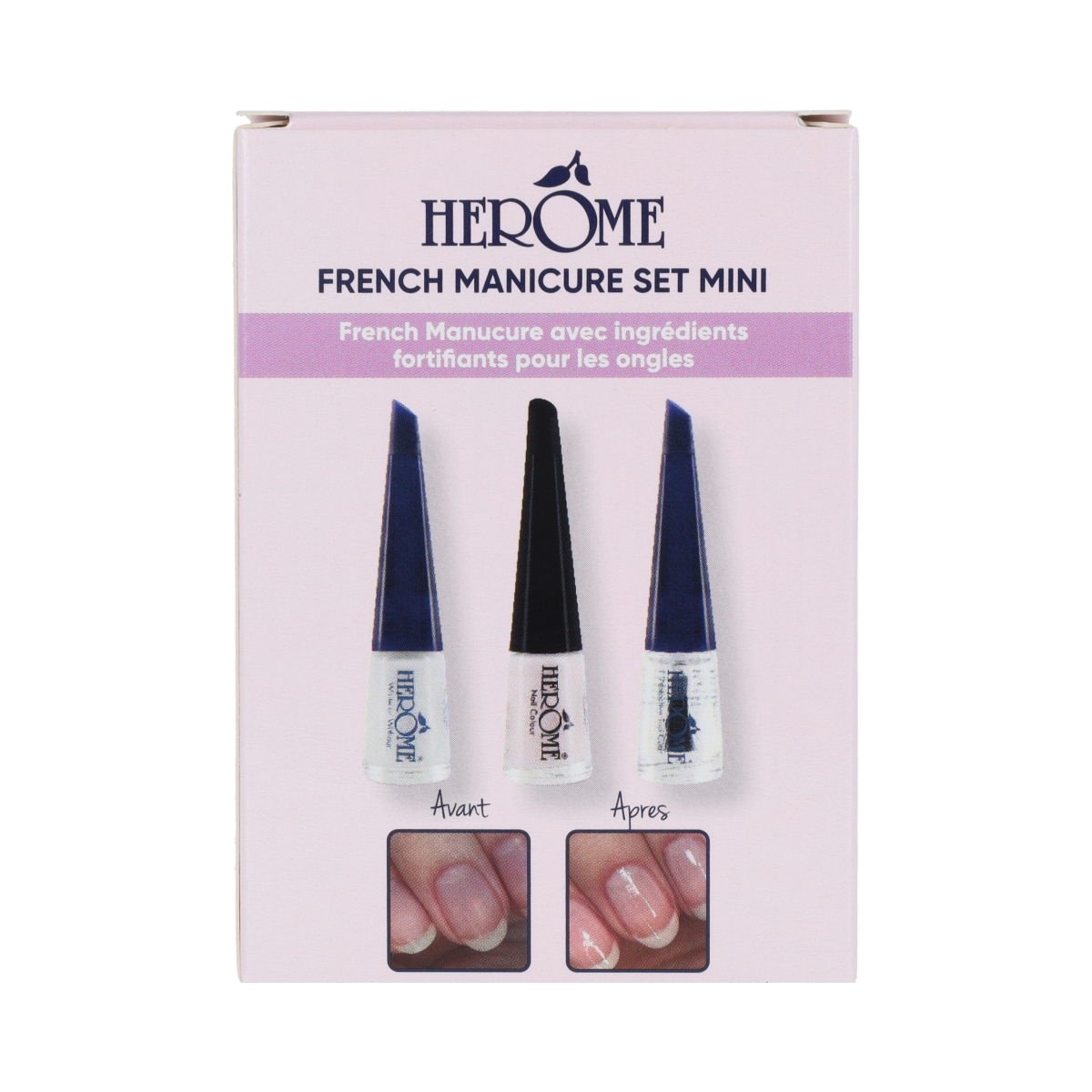 Herome French manicure set with three mini 4ml bottles of nail polish and clear tips for classic French nail design.