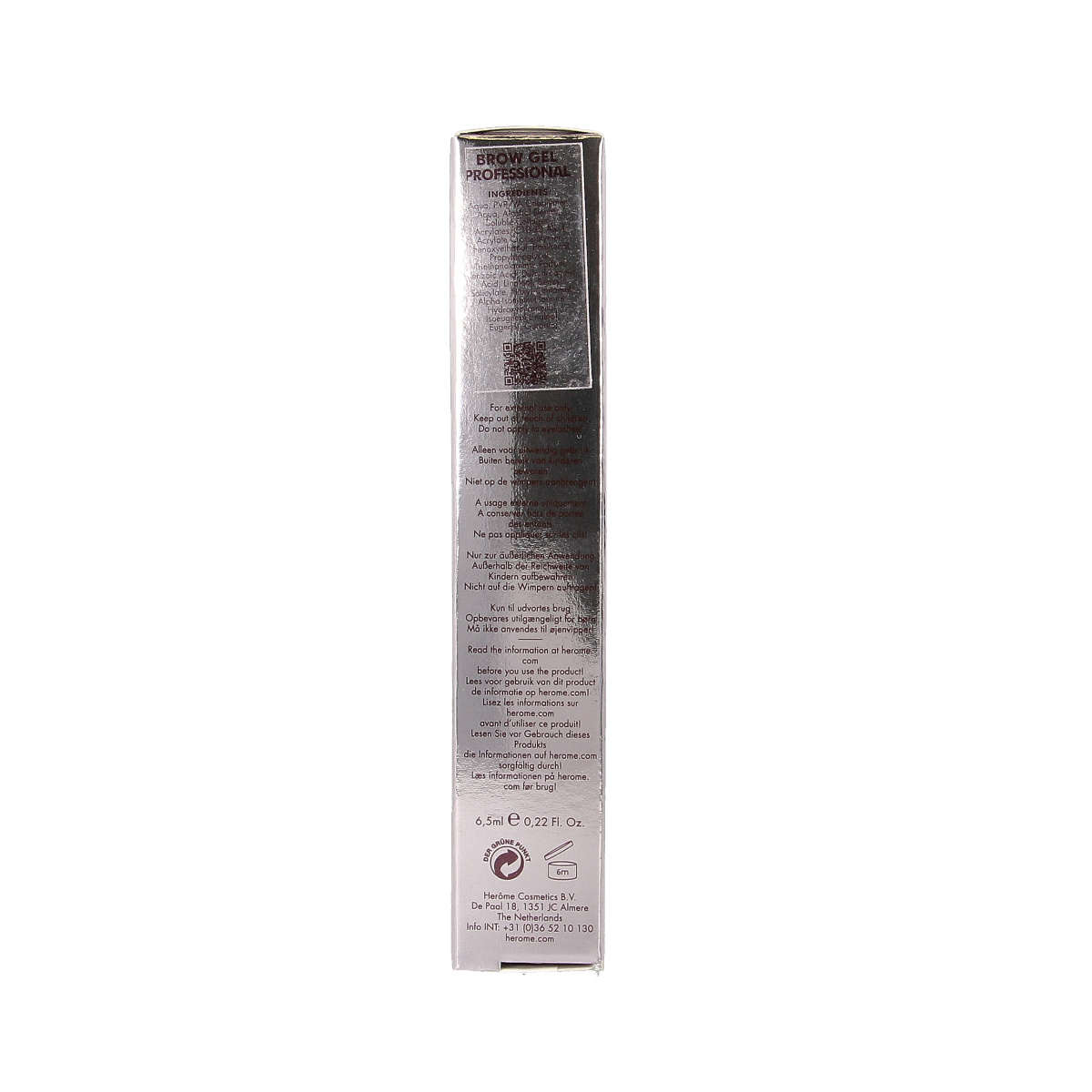 Herome professional brow gel in 6.50ml, clear makeup product for shaping and setting eyebrows, displayed in an open tube.