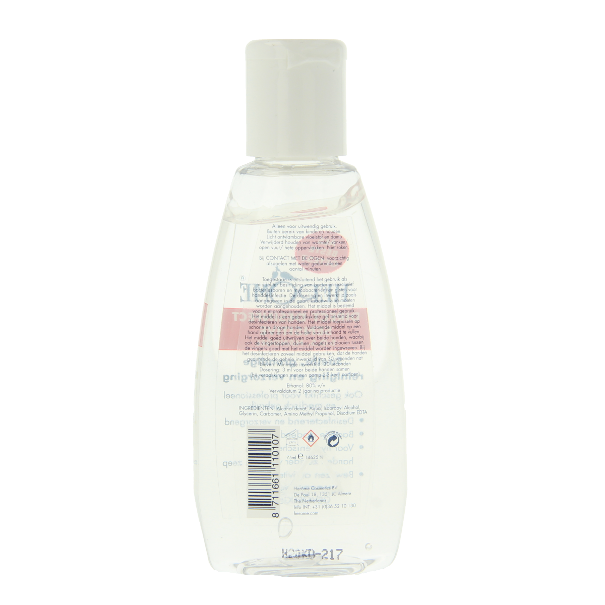 Herome Direct Desinfect ongeparfumeerd sensitive handverzorging in 75ml bottle with pump for gentle, fragrance-free hand sanitization.
