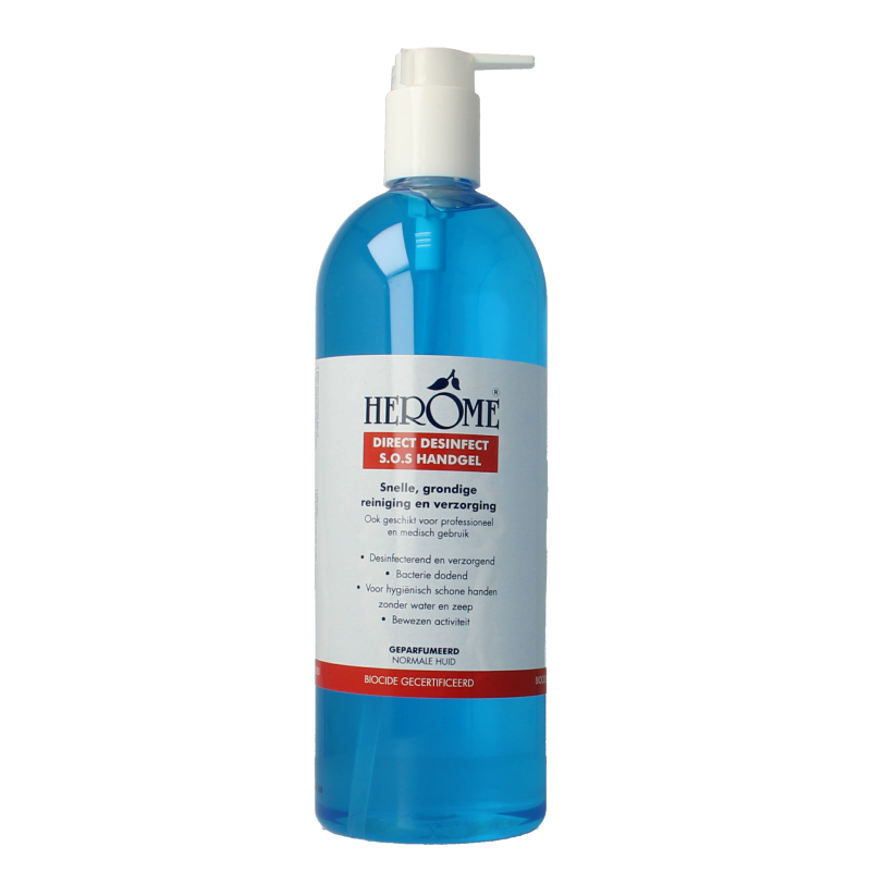 Herome Direct desinfect SOS handgel 1 liter bottle with pump for hand disinfection and hygiene.