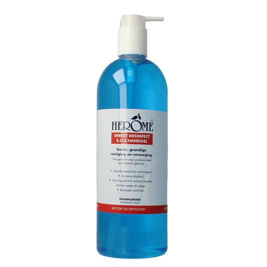 Herome Direct desinfect SOS handgel 1 liter bottle with pump for hand disinfection and hygiene.