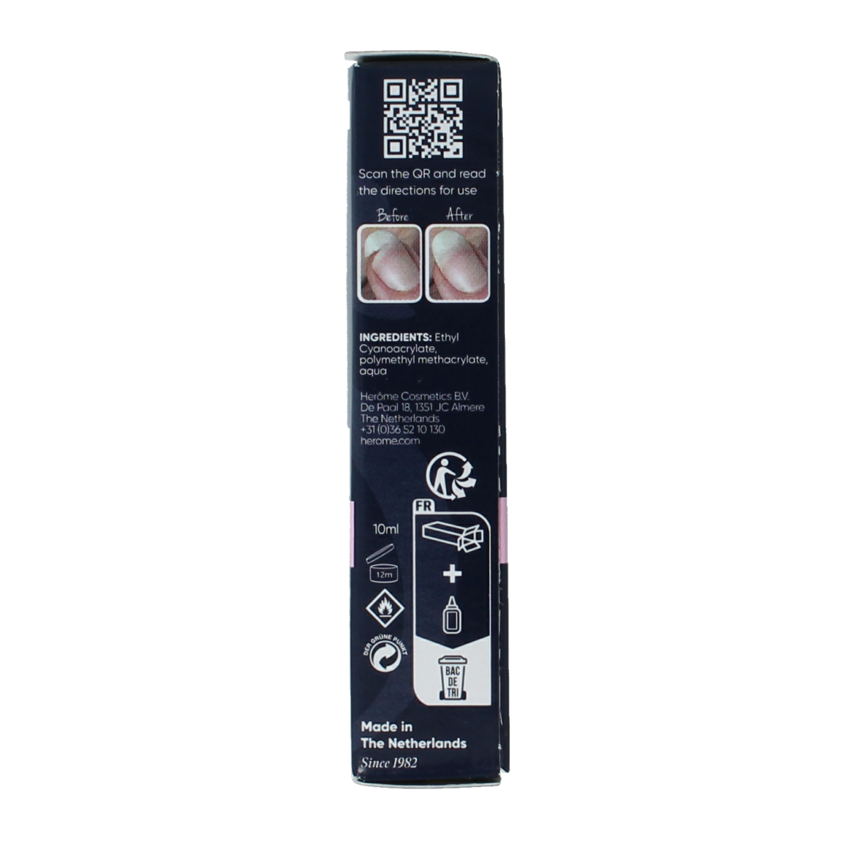 Herome SOS nail repair hand care product in 10ml bottle with white cap and clear label showing nail treatment benefits.