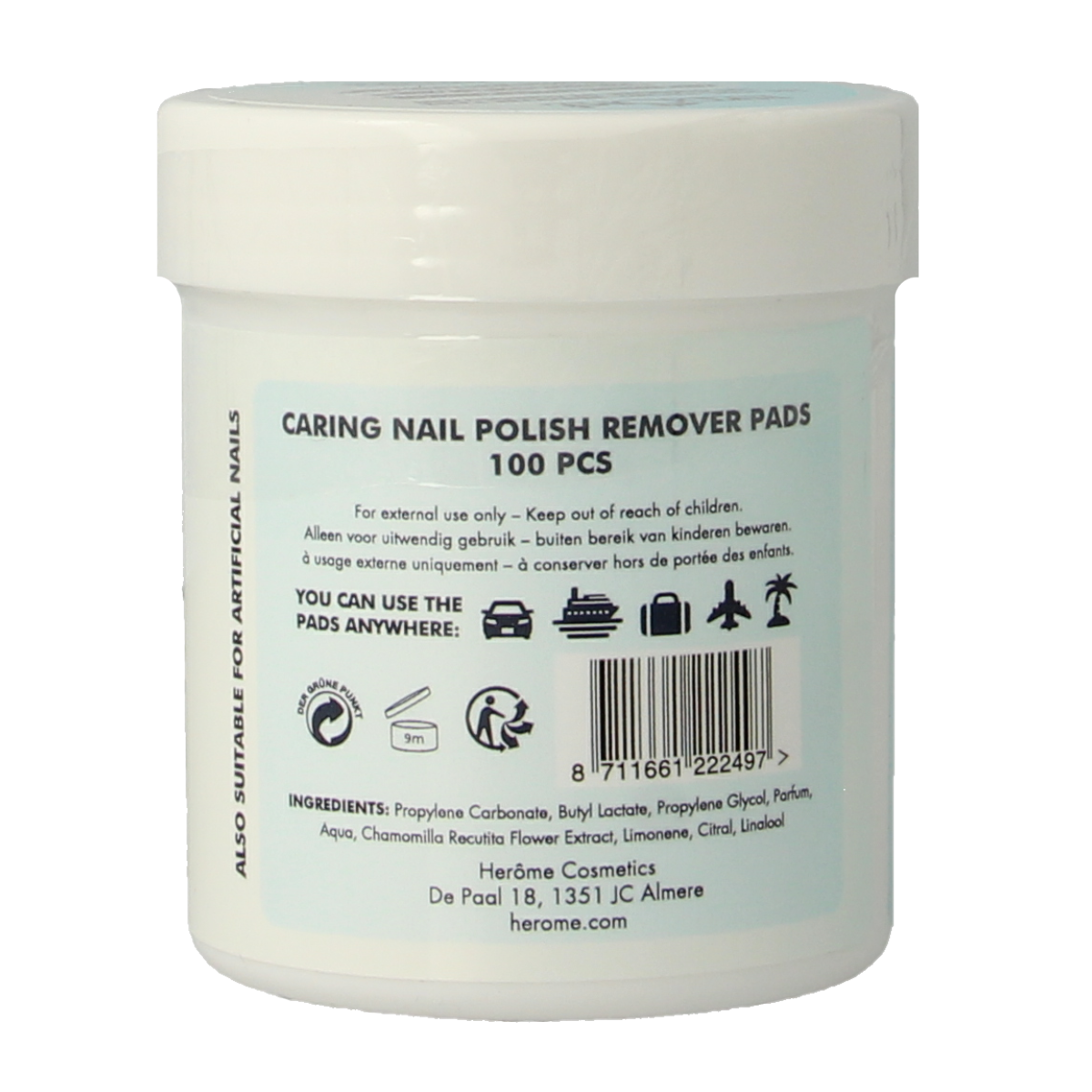 Herome Nagellak remover pads for hand care, 100 pieces, gentle and effective nail polish remover pads with caring formula.